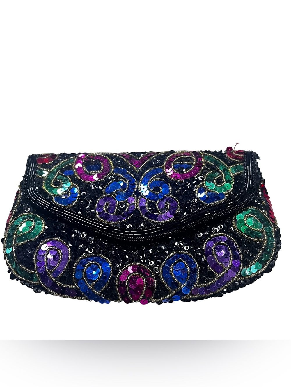 Vtg Multicolor Sequin Hand Beaded Evening Clutch Bag Black Seed Bead Cocktail